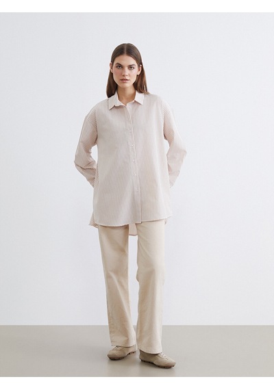 Lc Waikiki Lc Waıkıkı Bej Çizgili Oversize Poplin Kadın Gömlek Tunik