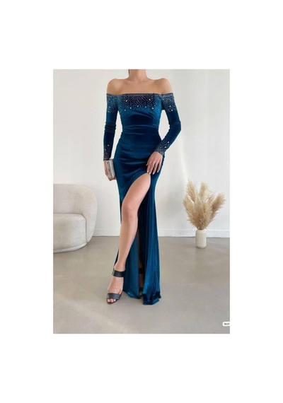 Lior Design Kadın Trend Model Esnek Kadife Kumaş Yırtmaçlı Uzun Kollu Abiye Elbise Petrol Lior Design Kadın Trend Model Esnek Kadife Kumaş Yırtmaçlı Uzun Kollu Abiye Elbise Petrol