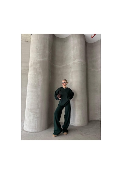 De Pose Oversize Kesim Sade Kadın Triko Takım Zümrüt Yeşil