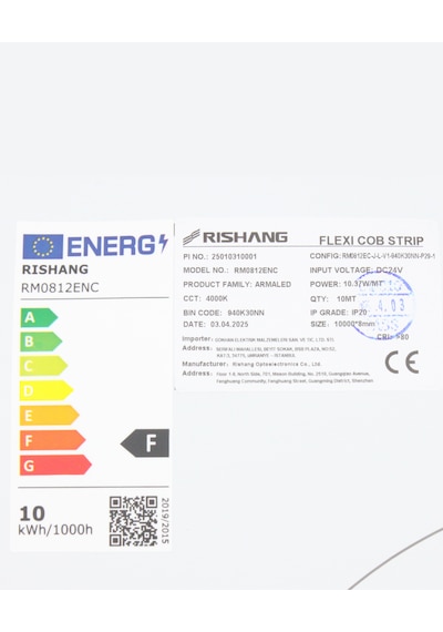 Rishang 4000k Cob Şerit Led 24v Metrede 480 Led Yüksek Crı 90 Noktasız Aydınlatma 20 Metre