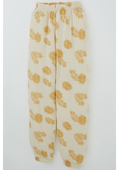 Breeze Kız Çocuk Pijama Takımı Tropik Yaprak Desenli 4-8 Yaş, Krem