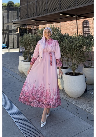 Riella Butik Çiçek Desenli Tesettür Elbise Pembe