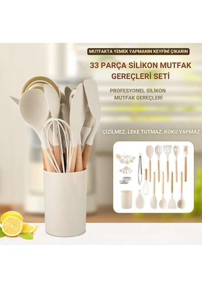 33 Parça Isıya Dayanıklı Yanmaz Yapışmaz Slikon Uçlu Ahşap Kepçe Seti Mutfak Seti Bpa İçermez Spatula Maşa F Diğer
