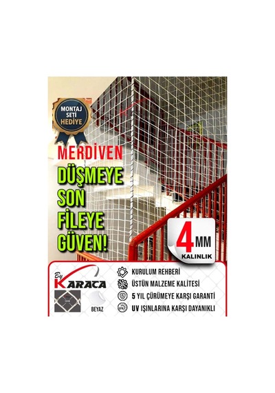 Merdiven Güvenlik Filesi 2 10 M, 4 Mm Ip Kalınlığı, 12 12 Mm Göz Aralığı