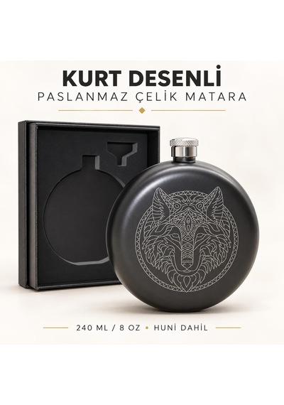 Kurt Desenli Paslanmaz Çelik İçki Matarası 240 Ml 8 Oz Cep Matarası Hunili Kamp Outdoor Erkek Hediye Siyah