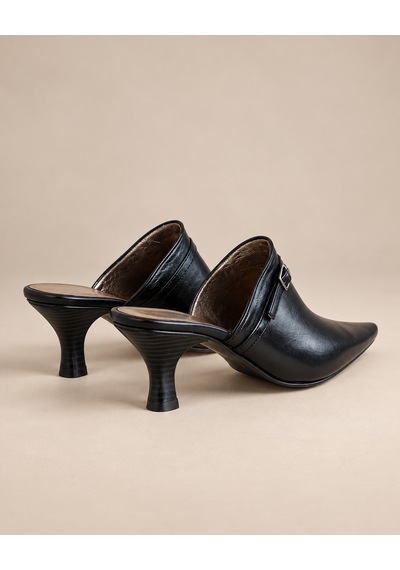 Yeo Leather Kadın Siyah Hakiki Deri Sivri Burun Tokalı Topuklu Terlik 6 Cm Neolit Taban