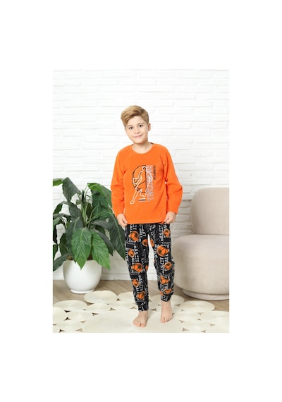Yeni Stil Sonbahar/kış Erkek Çocuk Basketball Desenli Polar Pijama Takımı 4562 Turuncu
