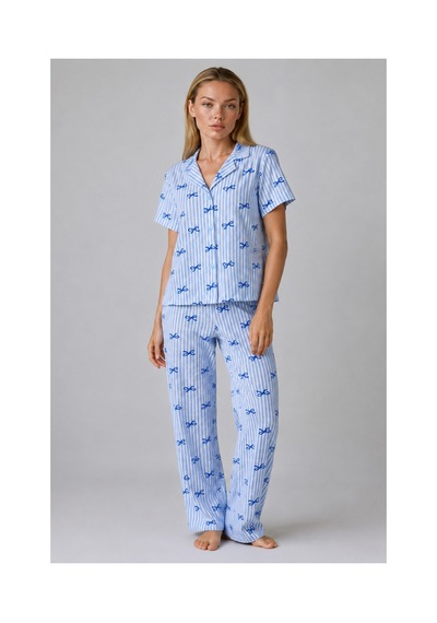 Fit Women Mavi Kurdele Desenli Çizgili Bürümcük Pijama Takımı 4645-mavi