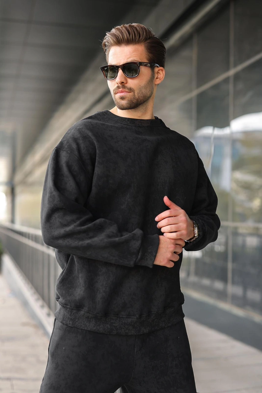 Madmext Siyah Bisiklet Yaka Batik Desenli Erkek Sweatshirt Pantolon Takım E7344 Siyah