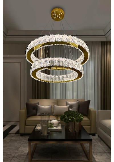 2 Katlı Daire Kristal Taşlı Modern Led Avize Salon & Oturma Oda Çok Renkli