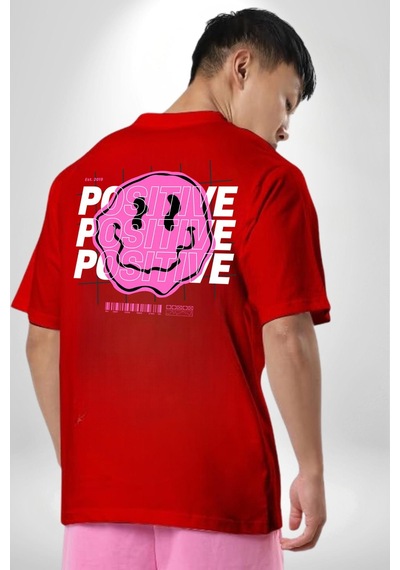 Positive Enerji Emoji Gülen Surat Kırmızı Oversize Unisex Ön Ve Sırt Baskılı Tişört Kırmızı