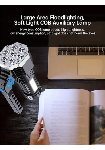 PS-3879 USB Şarj Göstergeli Şarj Edilebilir 7*XPE +COB Led El Feneri Siyah