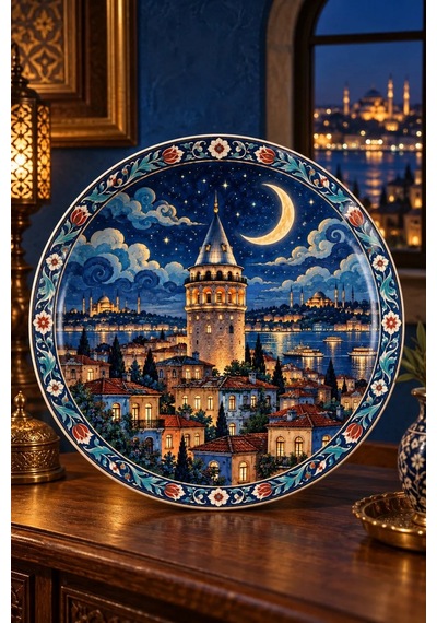 Dekoratif Duvar Tabağı Ay Işığında İstanbul Dekorlu Seramik Tabak Bej