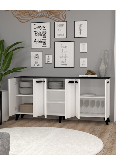 Monako 6 Kapaklı Tv Ünitesi Siyah Mermer Desenli Beyaz