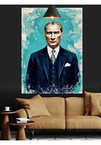 Mavi Fonlu Mustafa Kemal Atatürk Portresi Dekoratif Kanvas - Mdf Ahşap Tablo
