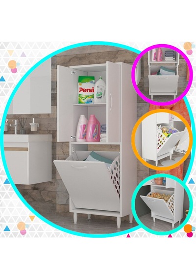 Kirli Sepetli Banyo Dolabı Beyaz