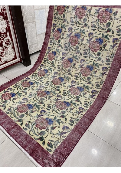 El Dokuma Eskitme 145X240 Kırmızı Mavi Güllü Vintage Yün Halı ! Kırmızı