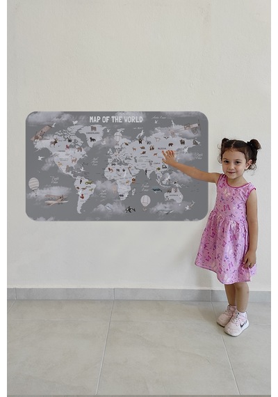 Eğitici Dünya Haritası Dünya Atlası Çocuk Ve Bebek Odası Duvar Sticker -60x105-3811 Çok Renkli
