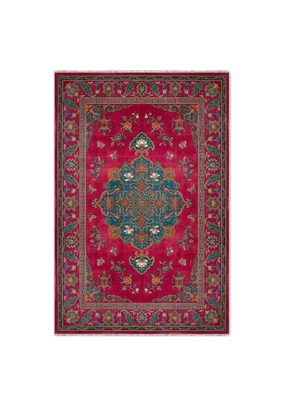 Oriental Garden Fuşya Petrol Çiçek Ve Kuş Desenli Dekoratif Halı 3044-1 Bordo