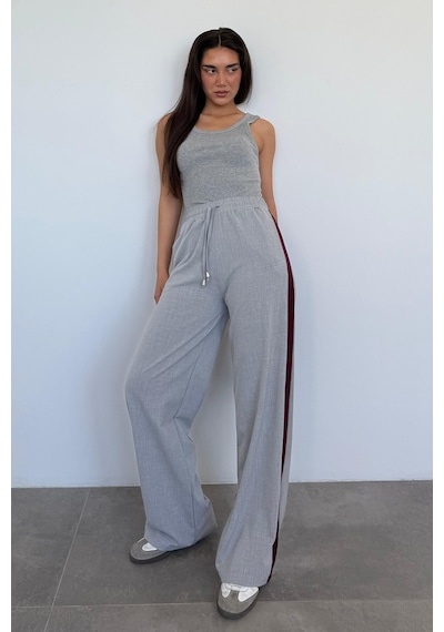 Madmext Gri Şerit Detaylı Bol Paça Kadın Pantolon Mg2441 Gri