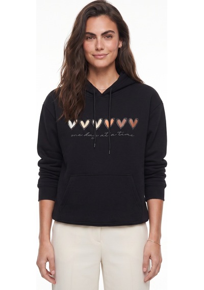 Onloox Kadın Siyah Siyah Pamuklu Kapüşonlu Yaka Üç İplik Şardonlu Renkli Kalp Baskılı Sweatshirt