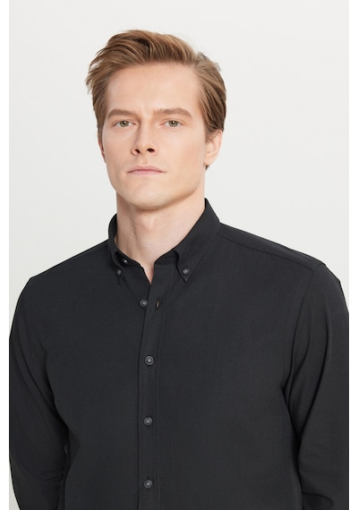 Altınyıldız Classıcs Erkek Sıyah Pamuklu Slim Fit Dar Kesim Düğmeli Yaka Diagonal Desenli Flanel Gömlek Siyah