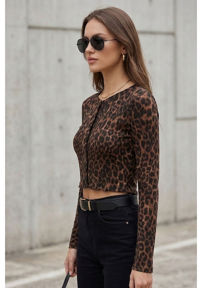 Kadın Leopar Desenli Crop Bluz Düğmeli Uzun Kollu Fit Yumuşak Dokulu Bluz - Kadın Bluz Leopar