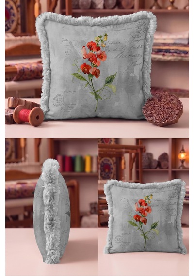 Vintage Çiçek Botanik Saçaklı Yastık Kılıfı - Nostaljik Floral Gri Krem Püsküllü Kırlent Kılıfı Gri