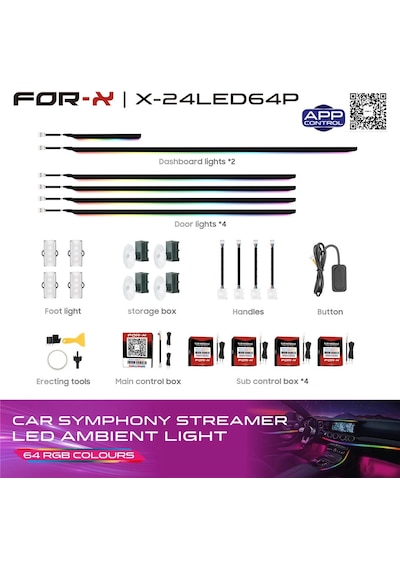 For-x Araç İçi Ambiyans Led Aydınlatma - For-x X-24led64p Animasyonlu 64 Renkli Müziğe Duyarlı Rbg L Çok Renkli