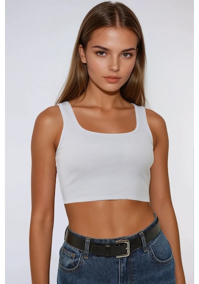 Hiccup Basic Bisiklet Yaka Crop Üst Beyaz