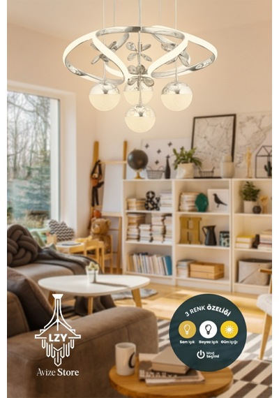 Modern Luvina Krom 3 Renk Işık Özellikli Power Led Kaplama Sarkıt Led Avize Salon Avize