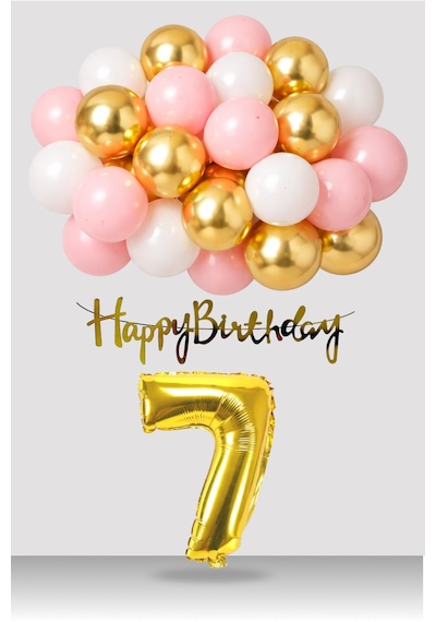7 Yaş Retro Gold Pembe Beyaz Balon Happy Birthday Banner Gold Rakam Doğum Günü Süsü Çok Renkli