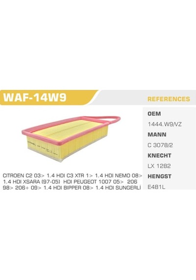 WINKEL WAF-14W9 Hava Filtresi 206 207 307 Bipper / Xsara C2 C3 Nemo / Fiesta Fusion 1.4 HDI 1.4 TDCI Çanta Tıp