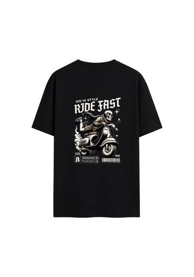 Black Nova Oversize Baskılı Unisex %100 Pamuk T-shirt Ride Fast Siyah