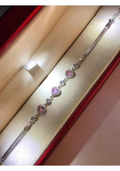 Svarovski Taşlı Pembe 3'lü Kalp Gümüş Işıklı Kutuda Sevgiliye Eşe Hediye Bileklik