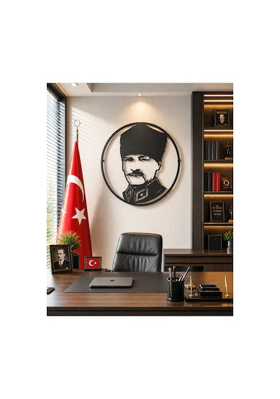 Metal Lazer Kesim Atatürk Duvar Tablosu Siyah Çelik Dekoratif Makam Odası Ve Ofis Duvar Dekoru Siyah Portre