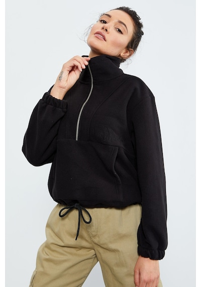 Tommy Life Siyah Yarım Fermuar Etek Ucu Büzgülü Kadın Polar Oversize Sweatshirt - 97171 Siyah