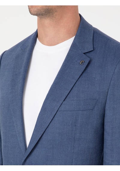Cacharel İndigo Slim Fit Keten Yün Karışımlı Mikro Desen Mono Yaka Takım Elbise Mavi