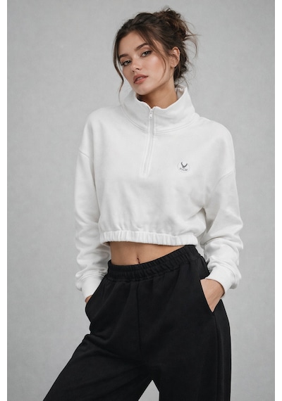 Kadın Ekru Crop Sweatshirt Scuba Kumaşı Beyaz
