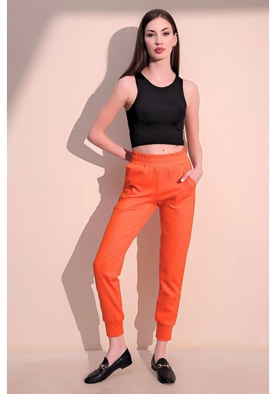 Kadın Oranj Rahat Dokulu Kumaş Cepli Beli Lastikli Paça Jogger Spor Pantolon Oranj