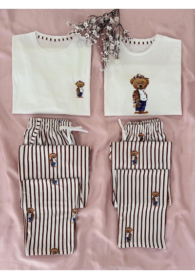 Mh Moony Homewears Kadın Tekli Büyük Ayı Old Money Pijama Çift Pijamasının Kadını Kadın Krem