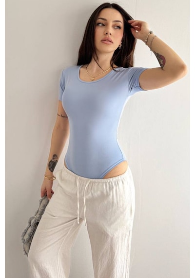 Basic Body Kadın Kısa Kollu Pamuklu Esnek Bodysuit Mavi