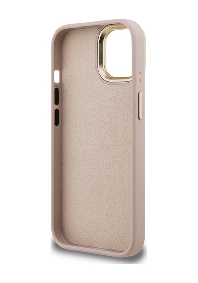 Apple Uyumlu iPhone 15 Kılıf Guess Lisanslı Metal 4g Ve Yazı Logolu Kamera Standlı Kapak Pembe