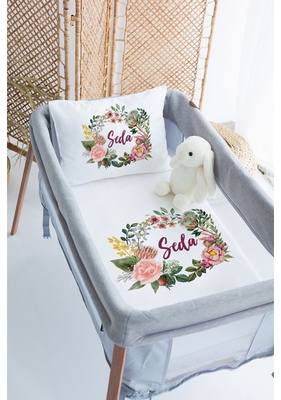 Lilabio %100 Pamuk Saten İsme Özel İsimli 70x120 Park Yatak Nevresim Seti-çiçek-