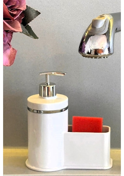 Makri Home Mutfak Veya Banyo İçin Şık Gümüş Detaylı Süngerlikli Sıvı Sabunluk , Yerli Üretim Beyaz