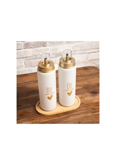 Bambu Standlı 2 Li Damlatmaz Kapaklı Cam 550 Ml Oil Yağdanlık Yağlık Set Beyaz Beyaz