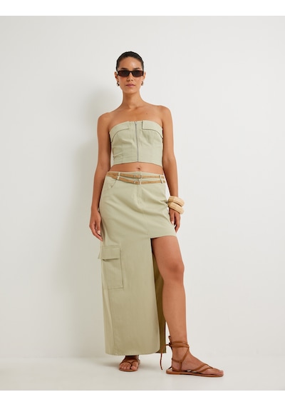 Koton Crop Straplez Büstiyer Fermuarlı Kat Detaylı Slim Fit Khakı 4sak30196ew Haki