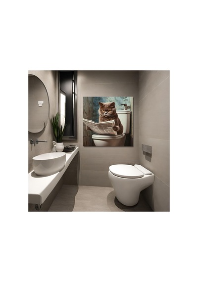 Tekli Kare Kanvas Banyo Tablosu Gazete Okuyan Gri British Kedi Kanvas Çok Renkli Çerçevesiz