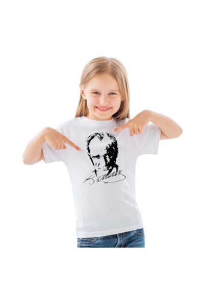 Sıfır Yaka T-shirt - %100 Pamuk Çocuk Atatürk Baskılı Beyaz