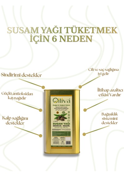%100 Doğal Susam Yağı 1 L Soğuk Sıkım Teneke Ambalaj Tazeliğini Korur